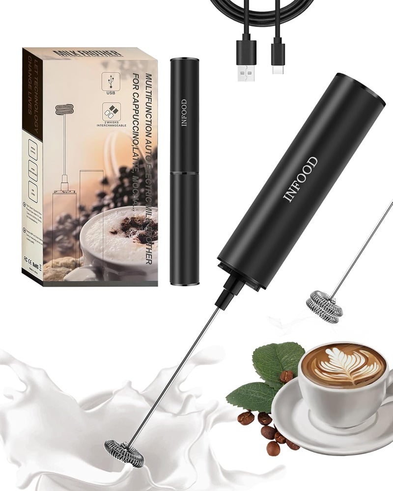 INFOOD Milk Frother Rechargeable with Cover - Coffee Frother Wand, Drink Mixer Handheld with 2 Detachable Stainless Whisks 2 Speed Adjustable for Latte, Cappuccino, Hot Chocolate, Egg, Black - Image 1